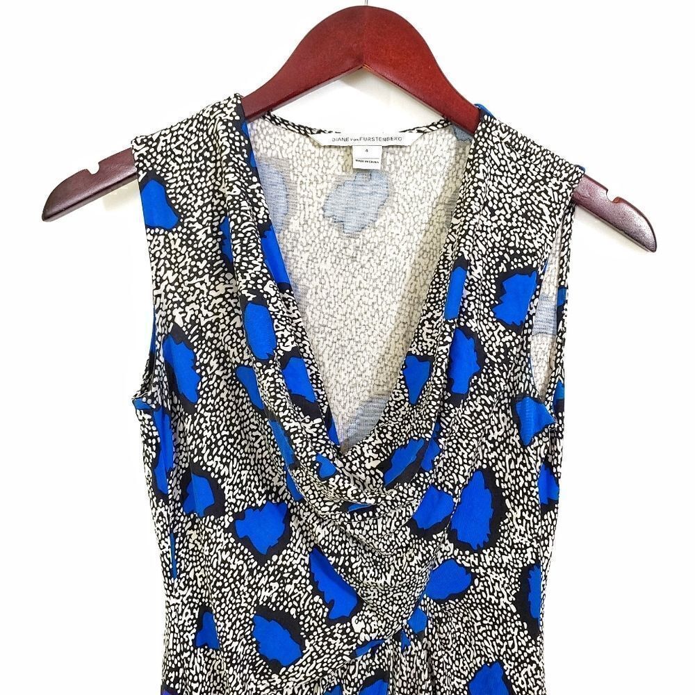Diane Von Furstenberg Silk Dress Noe Size 4 Cheetah Print Black White Blue - Picture 6 of 9
